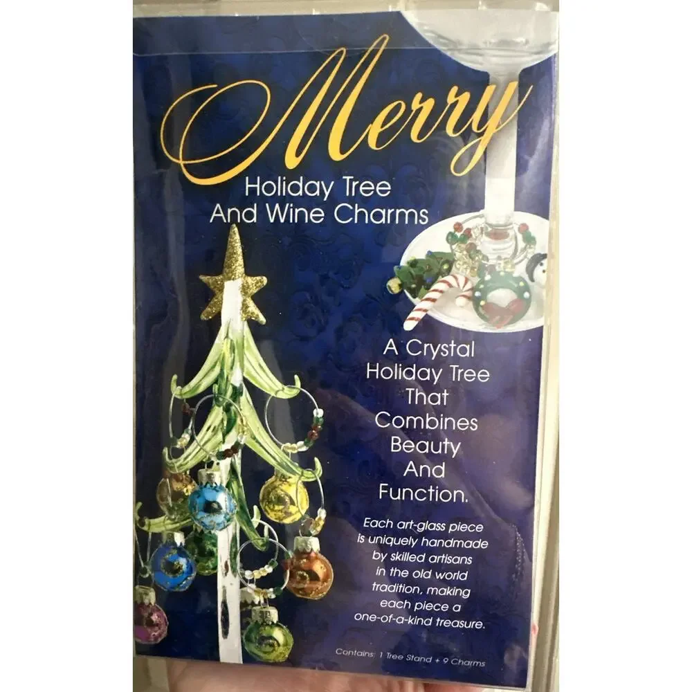 Crystal Handblown Glass Christmas Tree With Wine 9 Glass‎ Ornaments New In Box